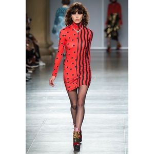 HOUSE OF HOLLAND Fall 2016 RTW Red & Black Striped Dotted Turtleneck Mini Dress
